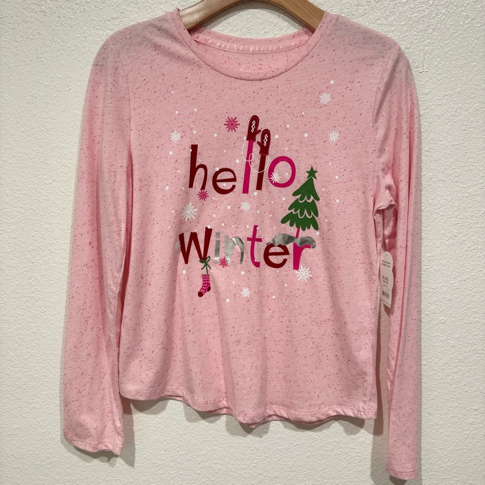 NWT Kids Wonder Nation Girls Pink Hello Winter Christmas Long Sleeve Shirt XL 14